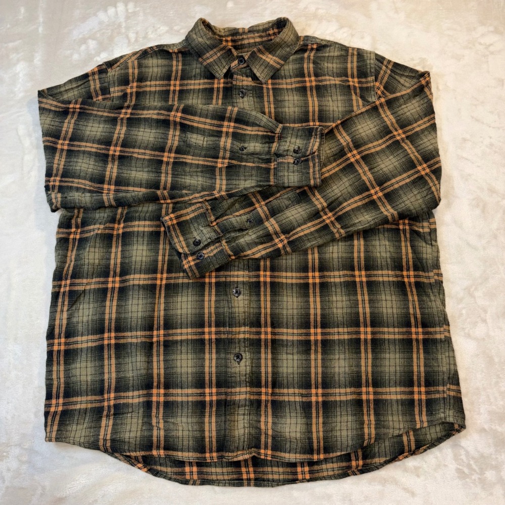 Woolrich Mens XL Green Orange Plaid Cotton Flannel Button Down Shirt Long Sleeve